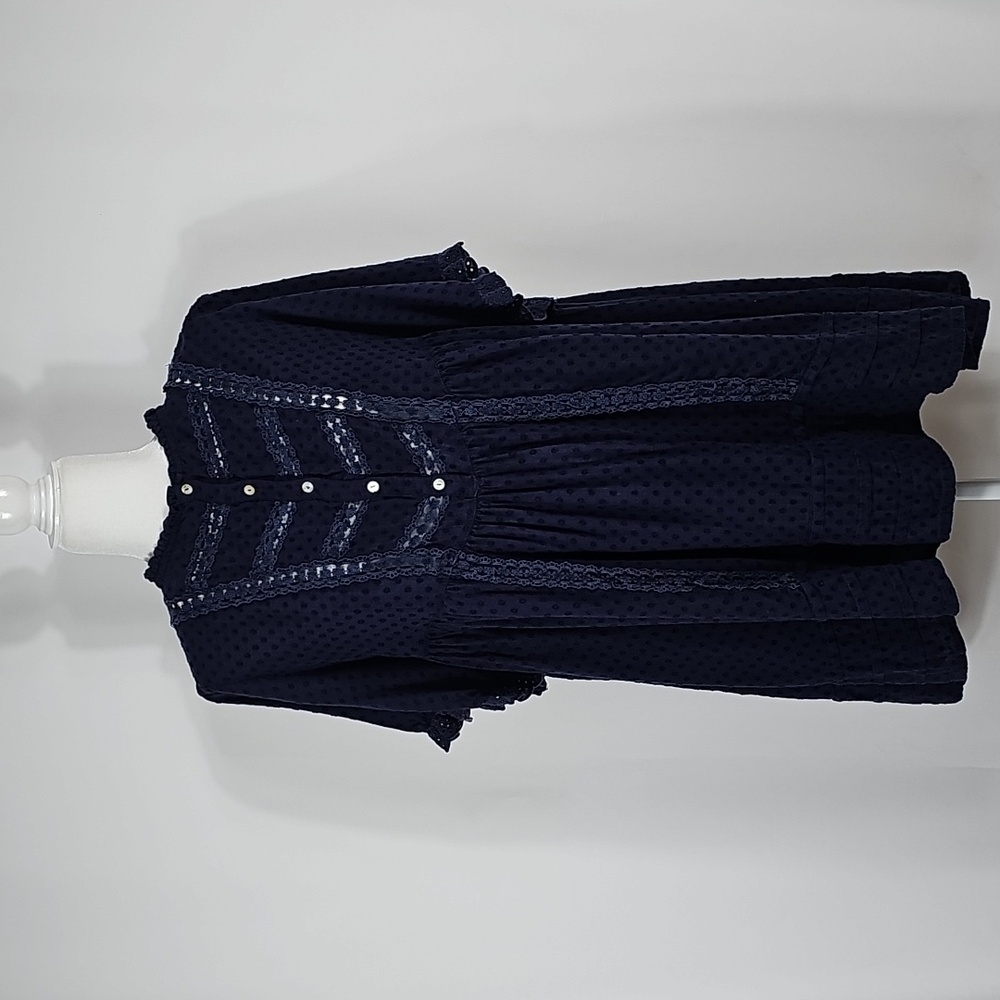 FRNCH Paris Navy Blue Eyelet Lace Mini Dress Scallop High Neck Swiss Dot Boho M - Picture 2 of 12
